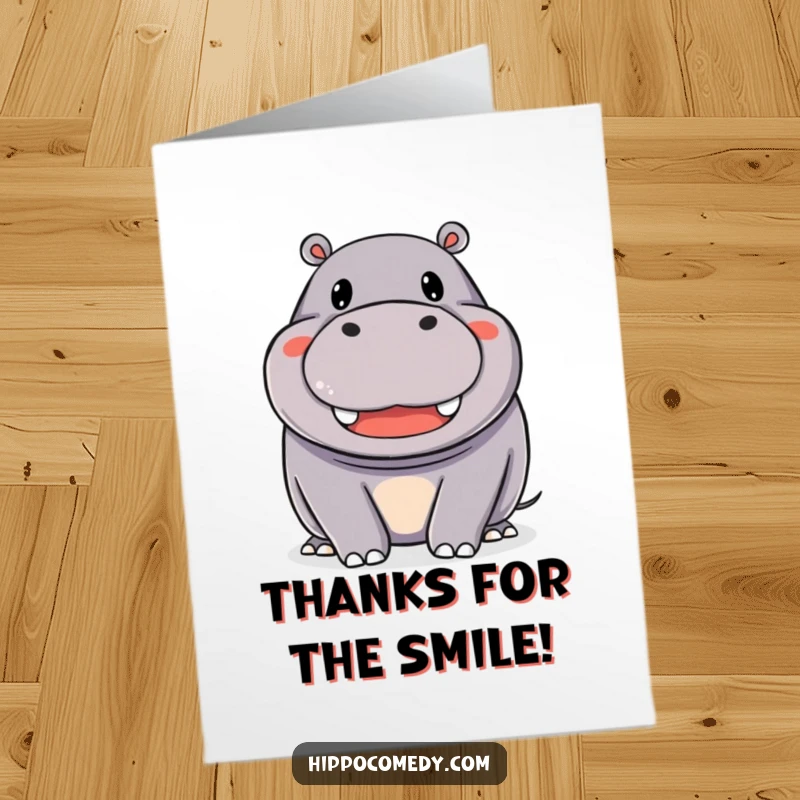 Funny Free Printable Thank You Card: A happy hippopotamus with a wide, beaming smile, expressing thanks.