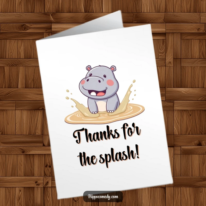 Funny free printable thank you card featuring a cute kawaii hippo joyfully splashing water.