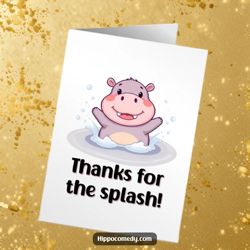 Funny Free Printable Thank You Card: Cute hippopotamus joyfully splashing in a water puddle, showing thanks.