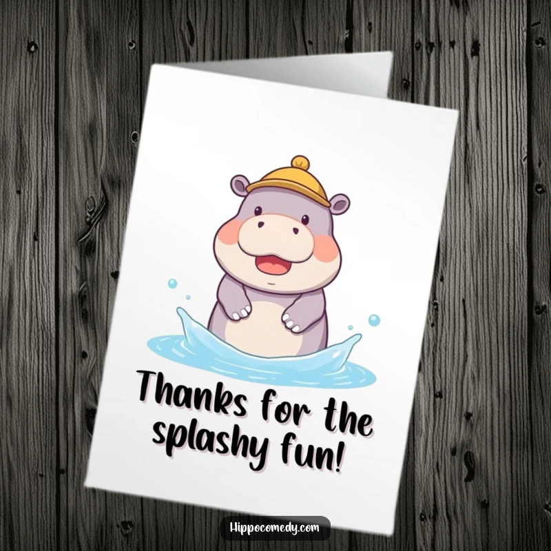 Funny Free Printable Thank You Card: A cute hippopotamus in a small hat joyfully splashes in the water, sending thanks.