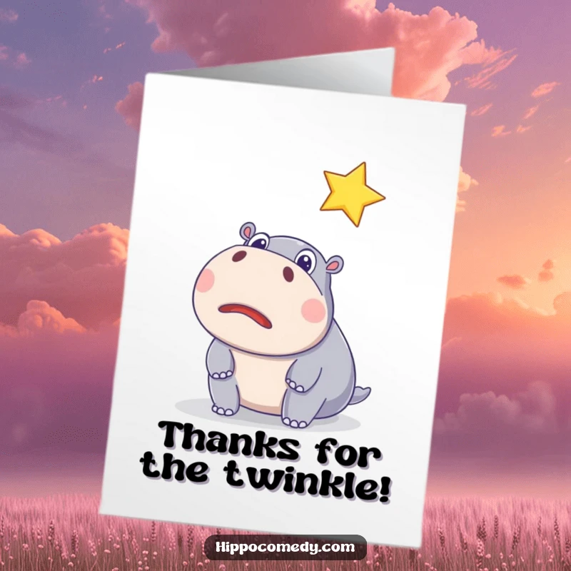 Funny free printable thank you card: A surprised hippo with wide eyes observes a floating, sparkling star with gratitude.