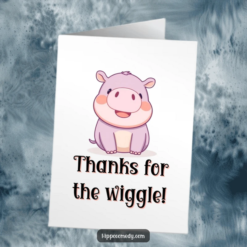 Funny Free Printable Thank You Card: A kawaii hippopotamus playfully wiggles its tiny ears with delight, conveying a warm thank you.
