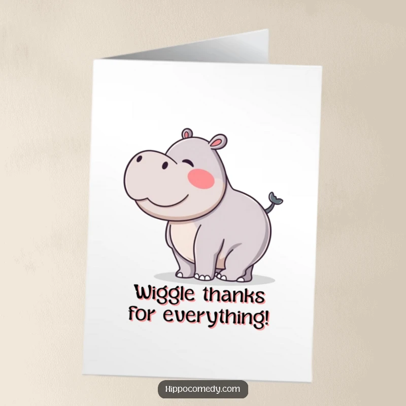 Funny Free Printable Thank You Card featuring a hippo doing a silly tail wiggle, a playful way to express thanks.