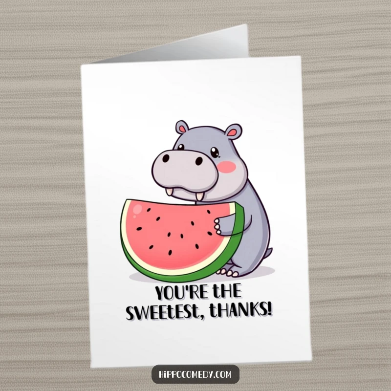 Funny Free Printable Thank You Card: A charming kawaii hippopotamus offering a giant watermelon slice to express sincere thanks.
