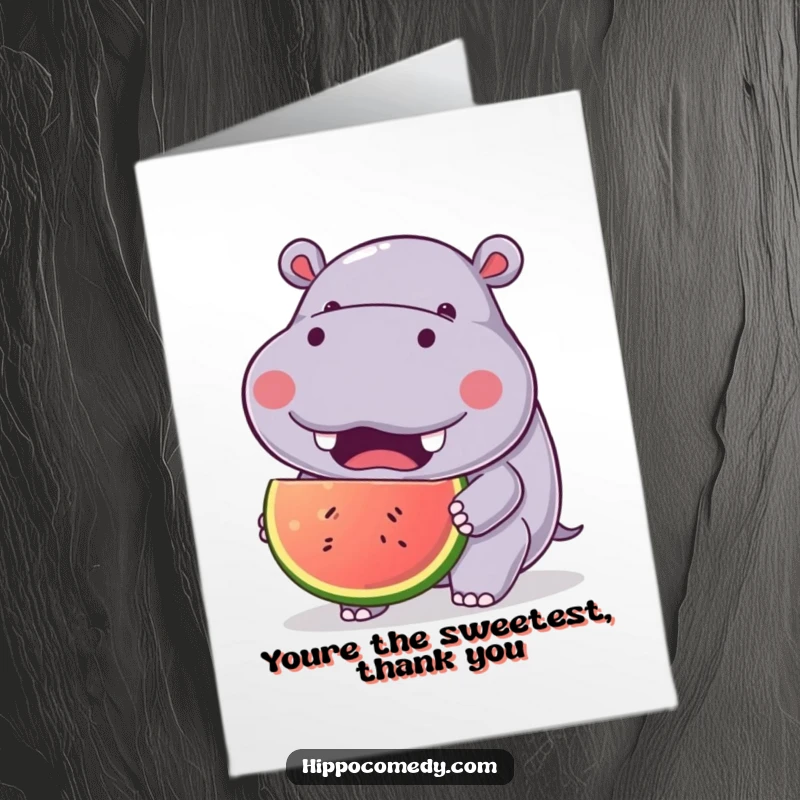 Funny Free Printable Thank You Card: Kawaii hippo with joyful expression, eating a large fruit, a sweet and funny way to say thank you, print at home.