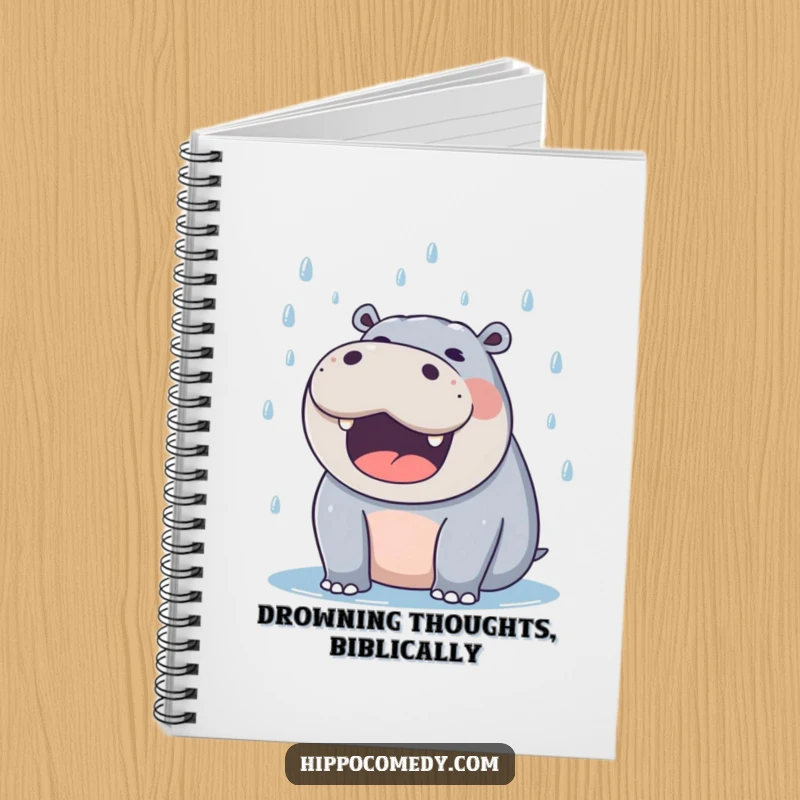 Funny hippo notebook showing a delighted hippo with mouth open, happily catching falling raindrops.