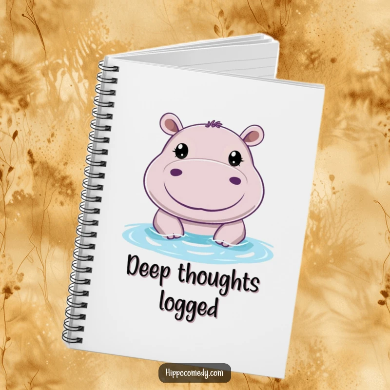 Funny notebook with a cheerful hippo with big, round eyes, peeking above water, ideal for jotting down ideas humorously.