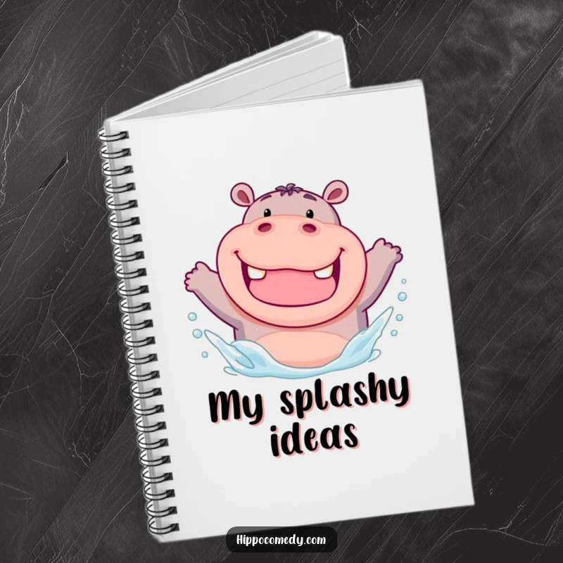 Funny notebook with a chubby hippo with a wide grin, enthusiastically splashing water, ideal for jotting down ideas humorously.