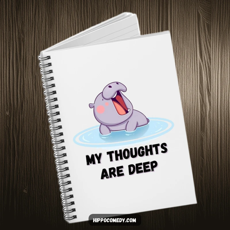 Funny hippo yawning on the cover of a notebook, inspiring calm and creativity for jotting down ideas.
