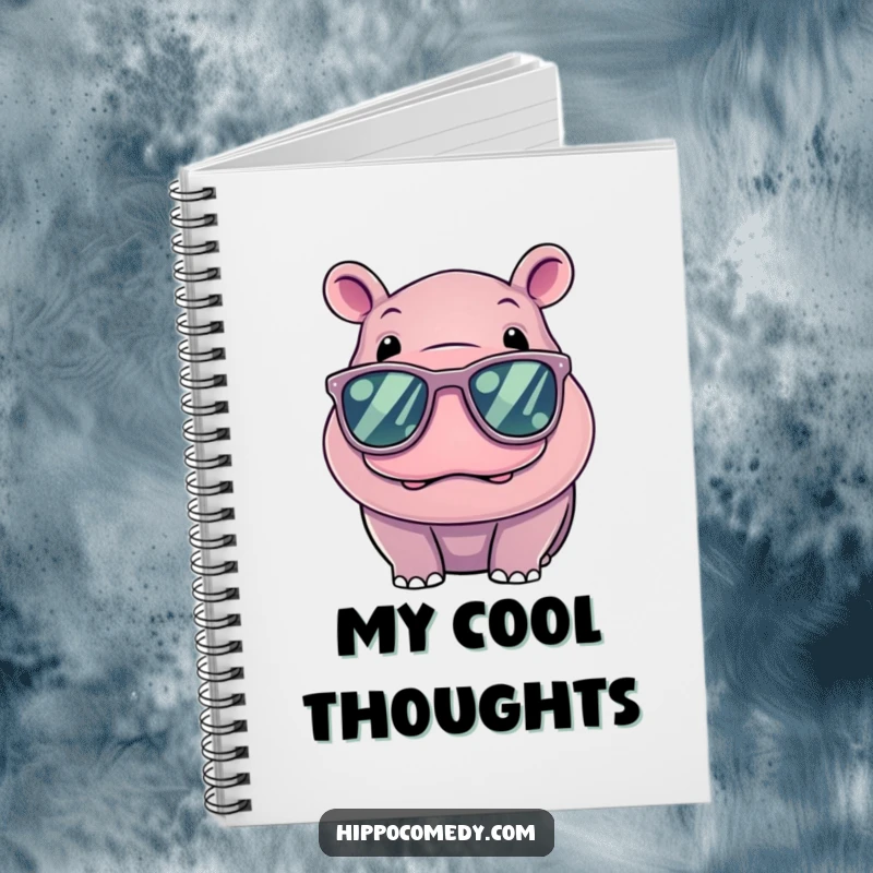 Funny Cool Hippo Notebook, a kawaii hippo wearing oversized sunglasses, ready to jot down cool ideas and notes.