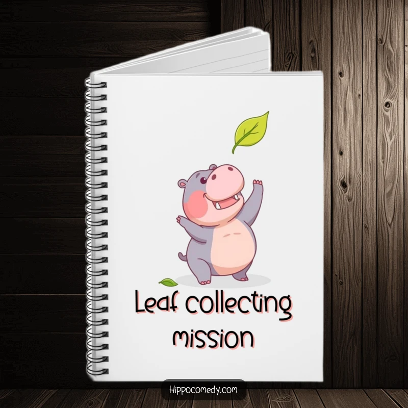 Funny notebook with a determined hippopotamus humorously pursuing a falling leaf, ideal for note-taking.
