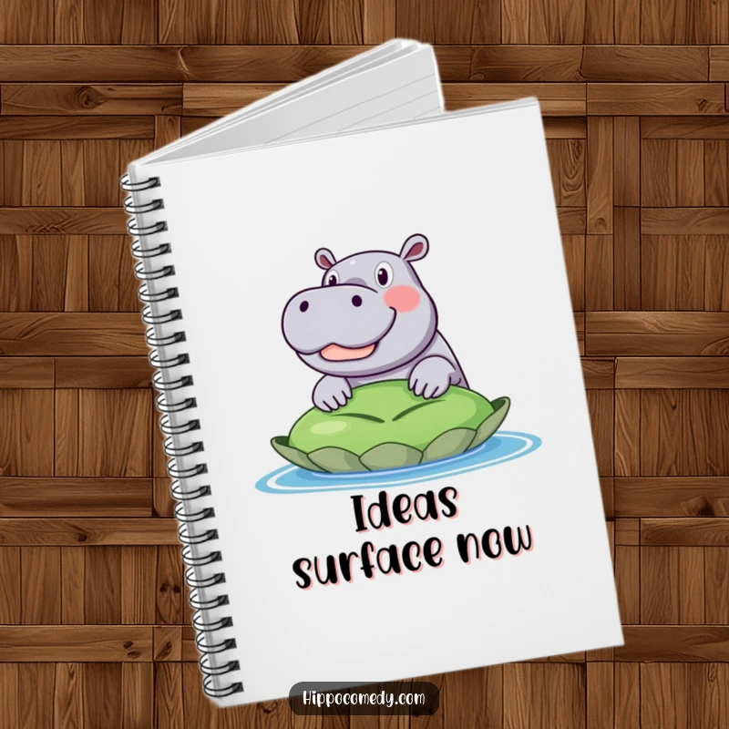 Funny notebook cover featuring an excited hippo with a huge smile, peeking over a large green lily pad. Ideal for note-taking.