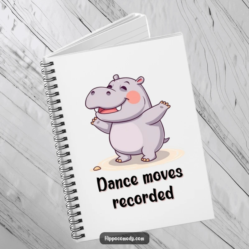 Funny giggling hippo notebook, showing a hippo doing a silly dance on the shore, perfect for capturing your ideas.