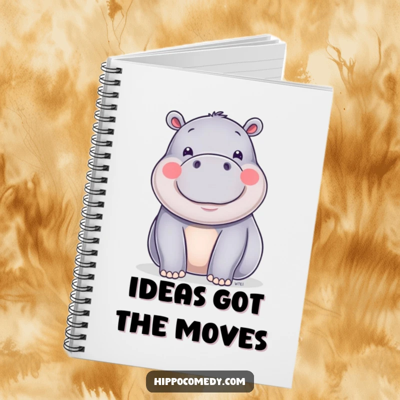 A notebook featuring a funny happy hippo with shiny skin doing a little wiggle, inspiring cheerful note-taking.
