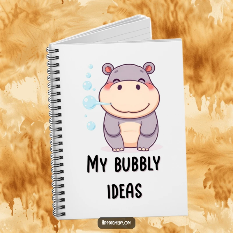 Funny Hippo Bubble Notebook, a smiling hippo blowing a gentle stream of bubbles, ideal for journaling and notes.