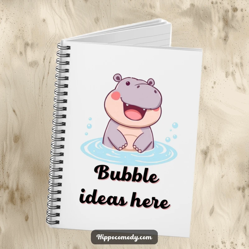 Funny notebook with a hippopotamus joyfully emerging from a bubbly pool, perfect for writing down happy thoughts and ideas.