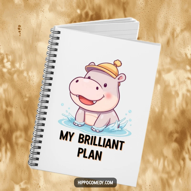 Funny notebook with a smiling hippopotamus cub in a hat, engaged in a silly splish-splash, ideal for note-taking.