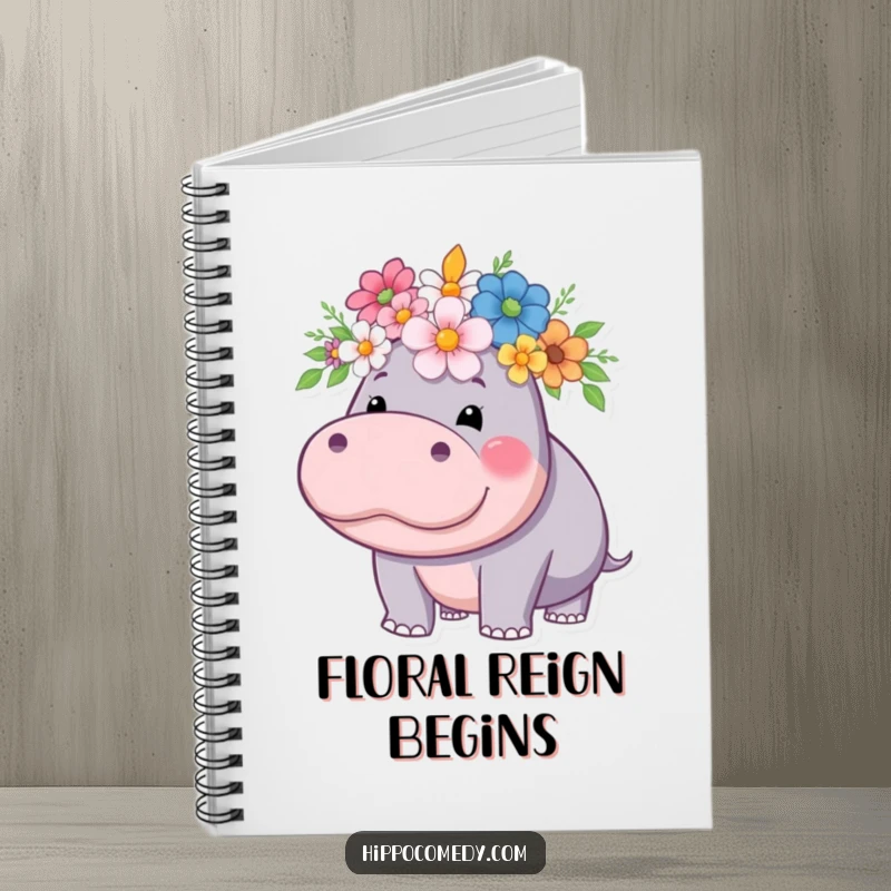 Funny hippo notebook, featuring a hippo wearing a flower crown with pride, perfect for journaling your thoughts.