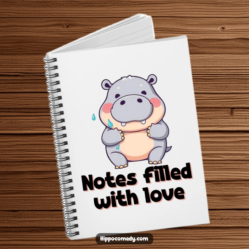 Funny notebook with a friendly hippopotamus making a big, wet hug gesture, ideal for jotting down notes with humorous warmth.