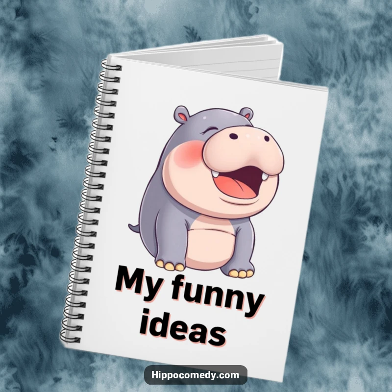 Funny hippo in a silent, joyful laugh on a notebook, perfect for jotting down funny ideas.