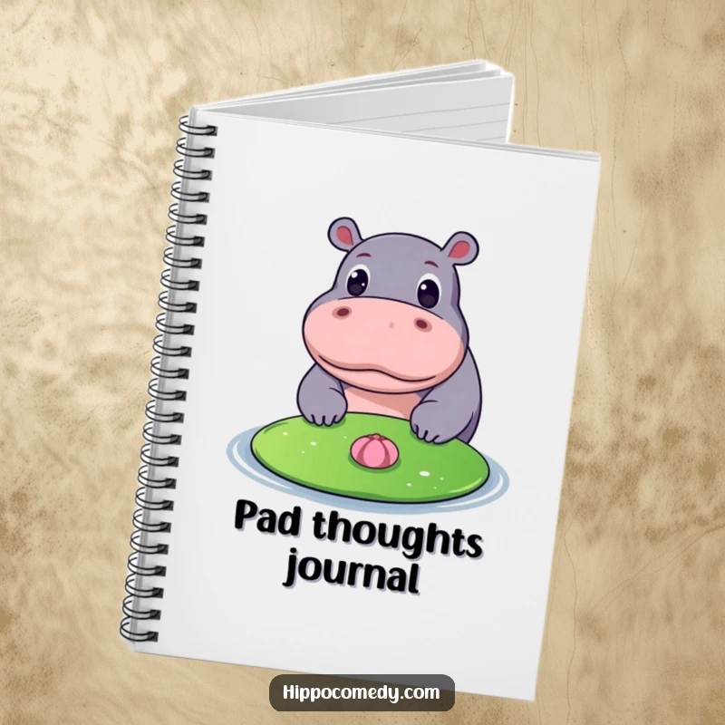 Funny notebook with a hippopotamus with wide eyes looking at a floating lily pad, ideal for journaling and thoughtful notes.