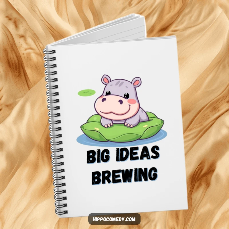 Funny notebook cover art of a kawaii hippopotamus with a silly expression, peeking from a lily pad.