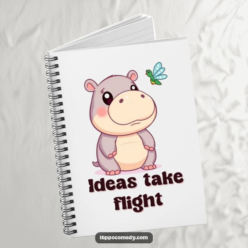 Funny notebook featuring a cute hippopotamus with large, inquisitive eyes, gazing at a tiny dragonfly, perfect for writing and drawing.