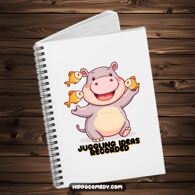 Funny happy hippo notebook with a smiling hippopotamus juggling three small fish, perfect for journaling with skilled, humorous flair.