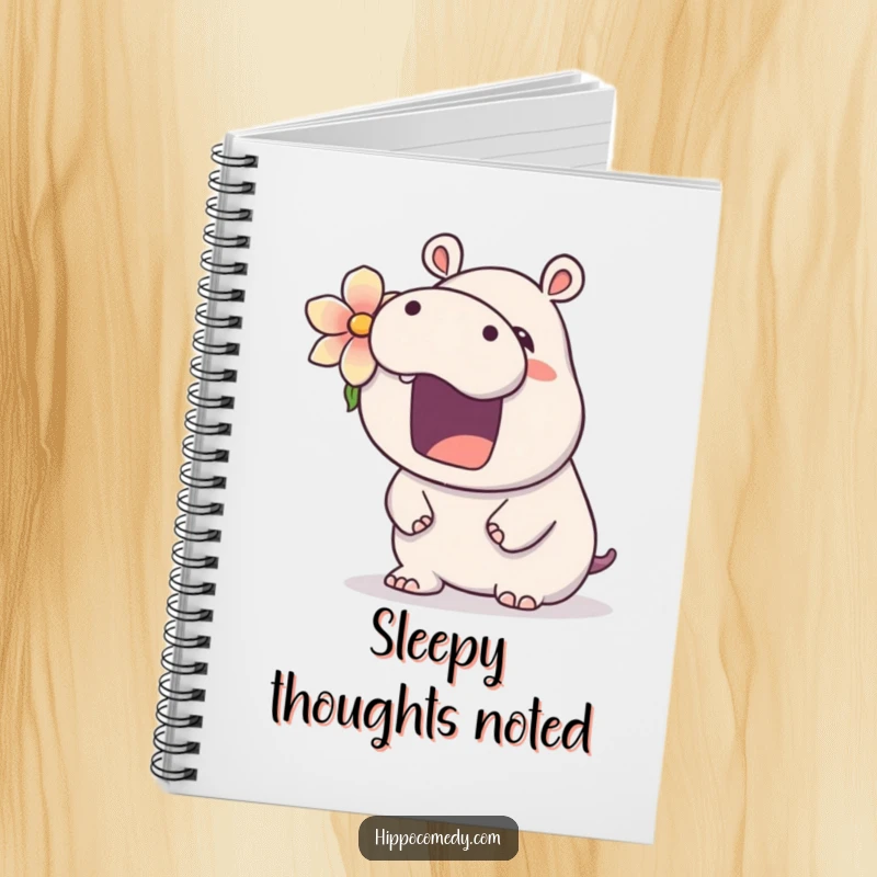 Funny kawaii hippo notebook with a cute hippopotamus wearing a flower, yawning widely, perfect for journaling with a sleepy, charming touch.