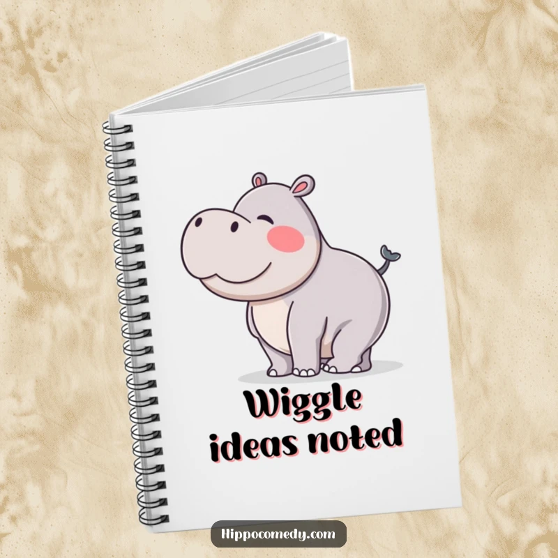 Funny notebook with a hippopotamus doing a silly wiggle with its stubby tail, ideal for jotting down fun notes and ideas.