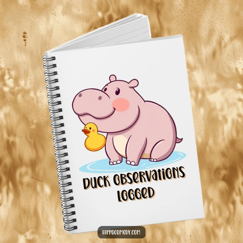 Funny kawaii hippopotamus looking with delight at a floating rubber ducky on a notebook, ideal for jotting down happy thoughts.