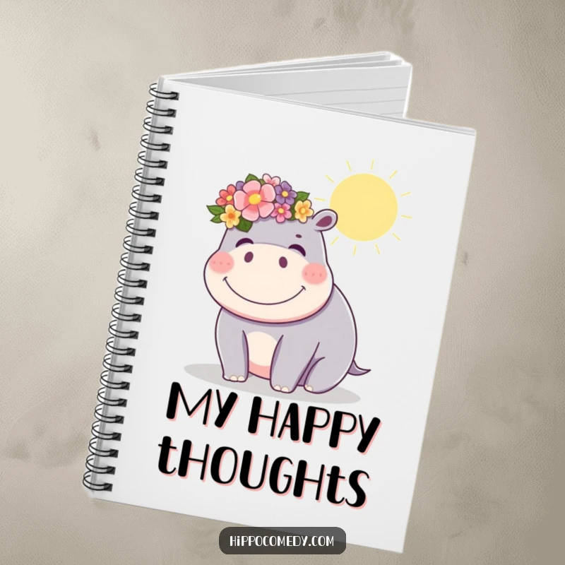 Funny kawaii hippopotamus wearing a flower crown, giggling in the sun, featured on a notebook for capturing happy thoughts.