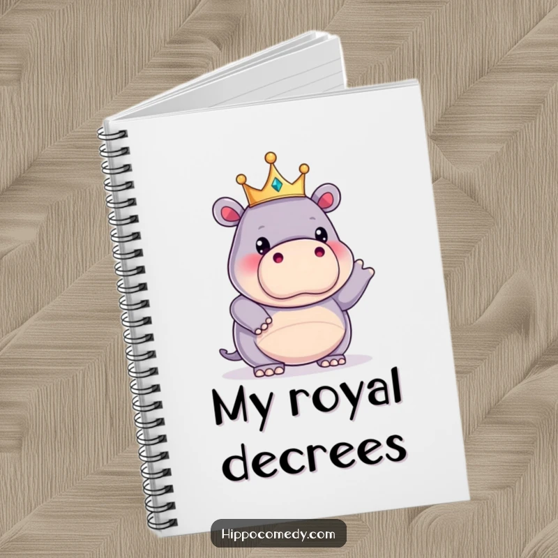 Funny kawaii hippopotamus wearing a tiny crown, striking a funny pose on a notebook, ideal for jotting down regal thoughts.