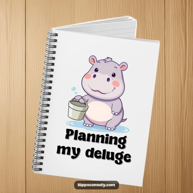 Funny kawaii hippo notebook, holding a bucket and looking ready for a water fight, perfect for jotting down playful ideas.