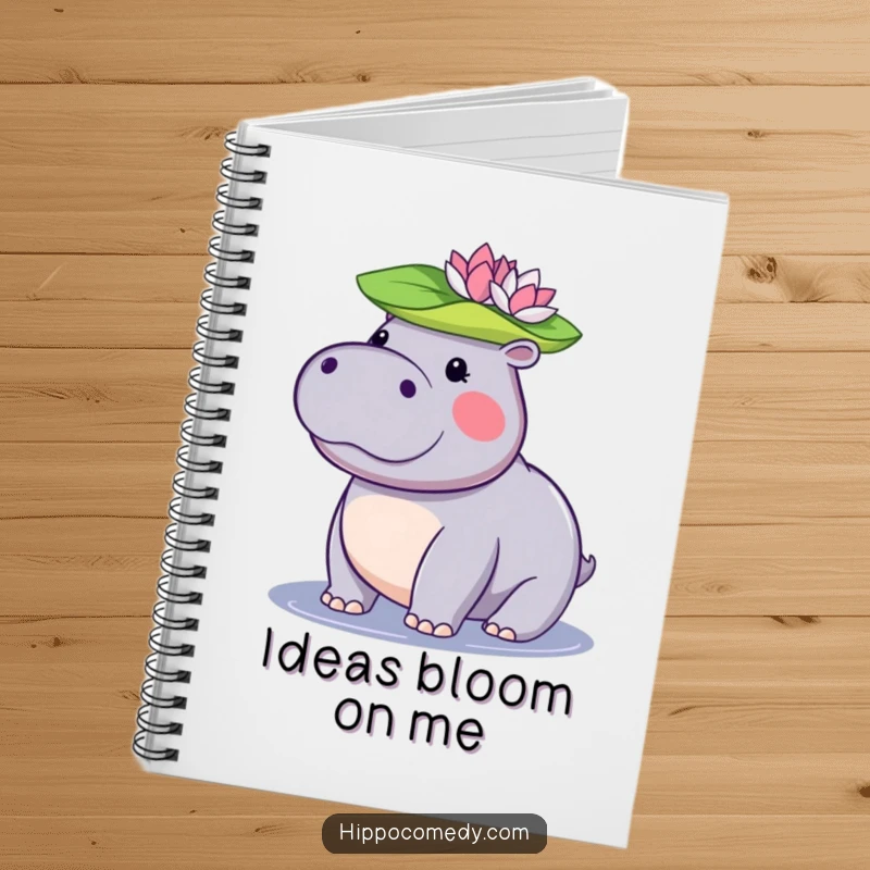 Funny kawaii hippopotamus notebook showcasing a cute hippo balancing a lily pad on its head, great for journaling.