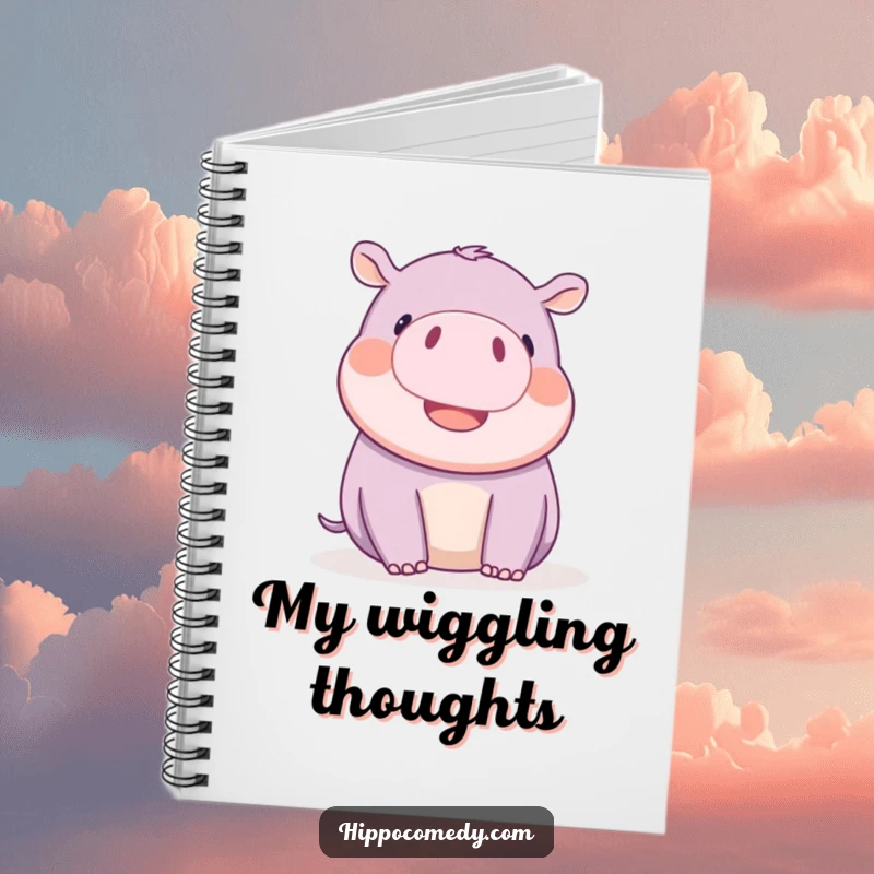 Funny kawaii hippopotamus playfully wiggling its tiny ears with delight, inside a cute notebook for writing.