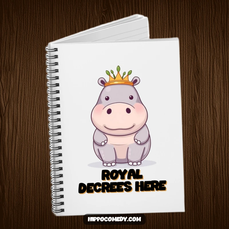 Funny notebook with a proud hippopotamus wearing a small reed crown, ideal for jotting down royal thoughts.