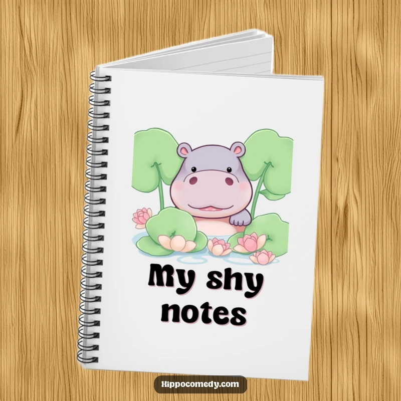 Funny hippo blushing shyly from behind lily pads on a notebook, perfect for journaling.