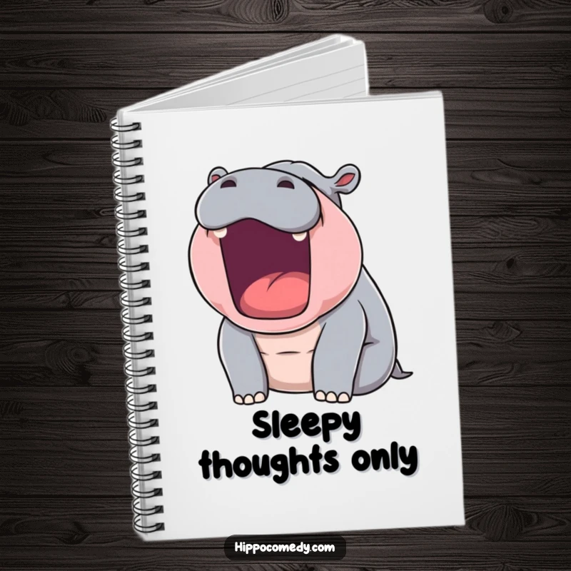 Funny notebook with a sleepy hippopotamus yawning, a humorous design for note-taking and creative expression.