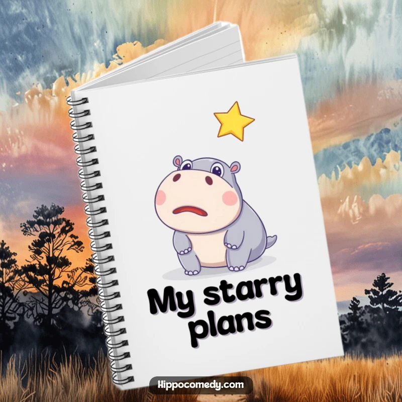 Funny notebook featuring a surprised hippo watching a sparkling star, great for jotting notes with humorous and celestial flair.
