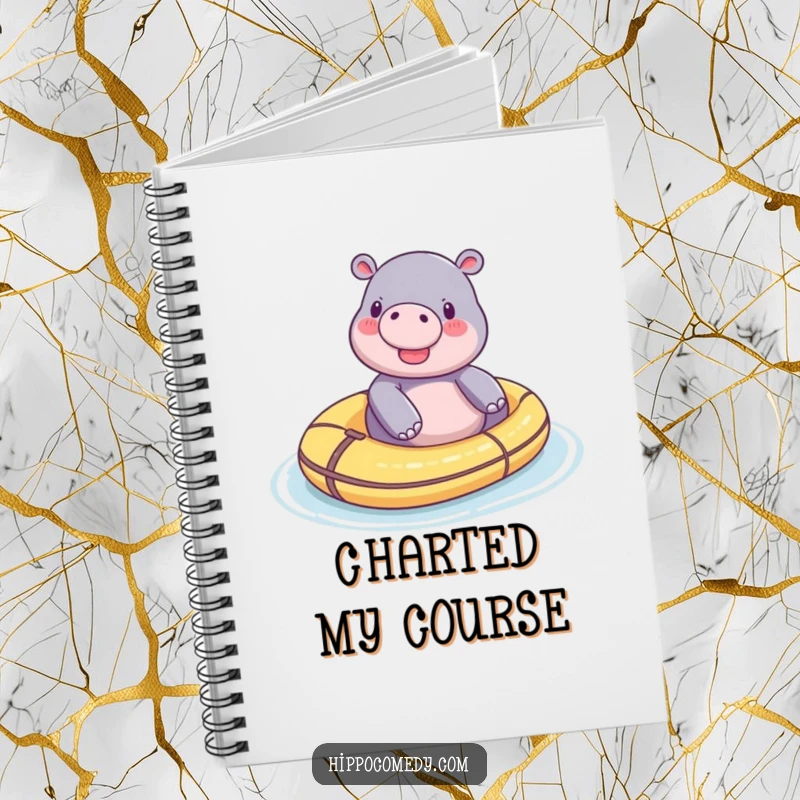 Funny tiny hippo notebook, featuring a peaceful hippo floating on a toy raft, perfect for journaling your thoughts.