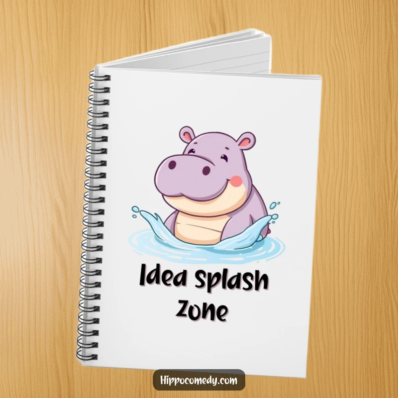 Funny notebook with a smiling hippopotamus creating a water splash with its snout, ideal for jotting down notes cheerfully.