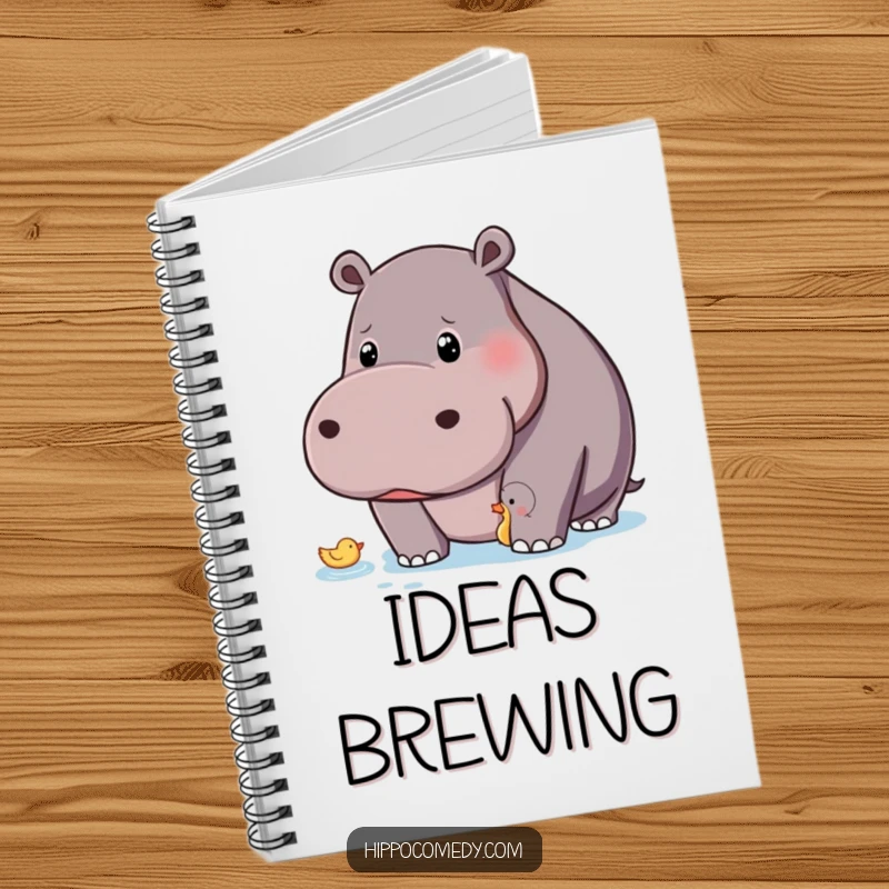 Funny hippo with a curious gaze observing a tiny duck on a notebook, perfect for journaling.