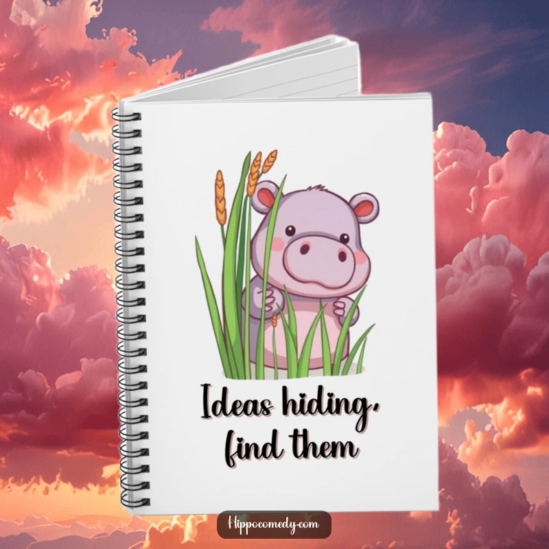Funny notebook with a little hippopotamus shyly peeking from behind reeds on the cover, perfect for writing.