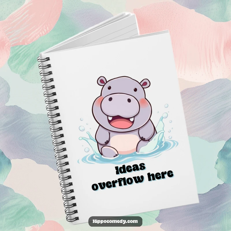 Funny Notebook: Cover features a chubby hippopotamus with a beaming smile, splashing in colorful water.