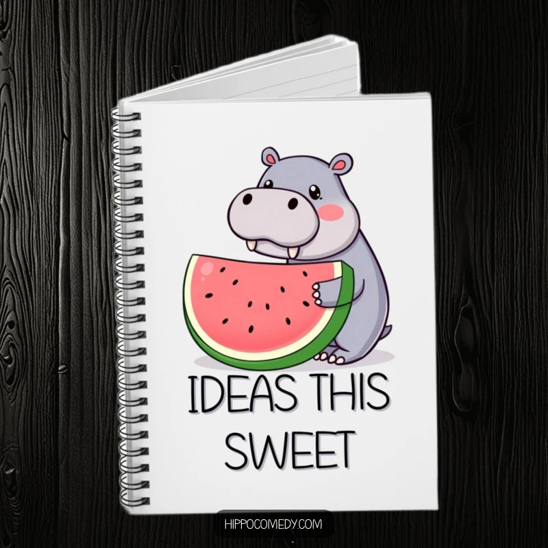 Funny notebook with a kawaii hippopotamus offering a large watermelon slice, ideal for jotting down notes with cute and humorous flair.
