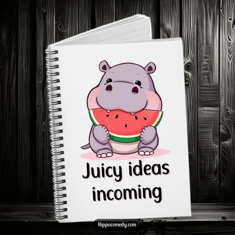 Funny hippo notebook, with a curious hippo enthusiastically eating a watermelon slice on the cover, perfect for journaling.