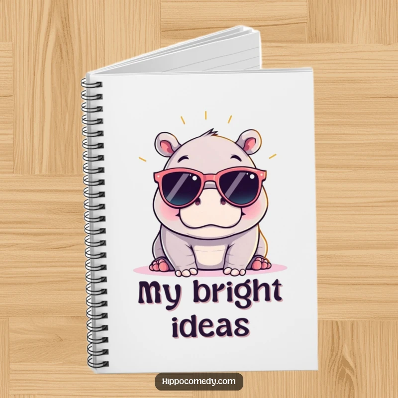 Funny kawaii hippopotamus with oversized sunglasses, on a notebook cover, perfect for jotting down cool ideas with humor.