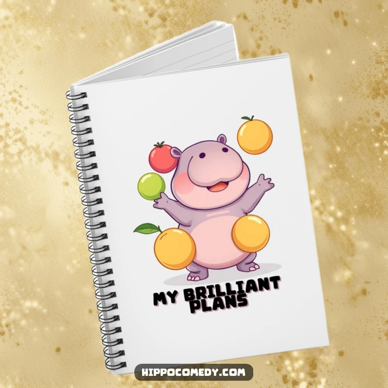 Funny kawaii hippopotamus comically juggling three round fruits on a notebook cover, perfect for jotting down funny thoughts, a great gift.