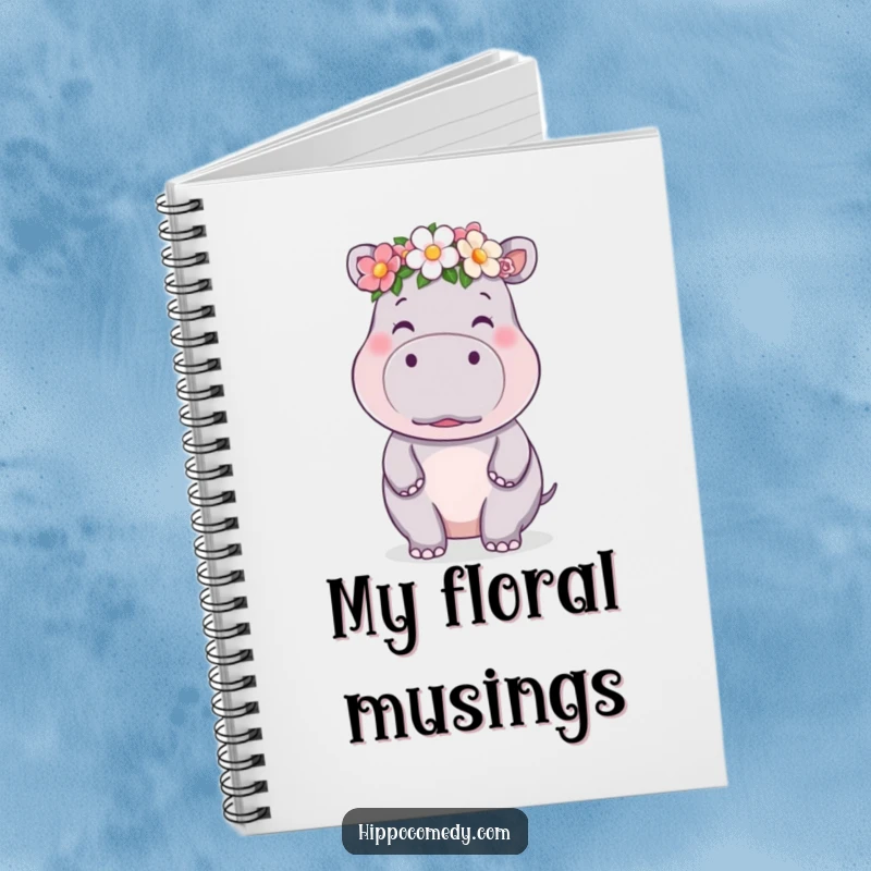 Funny kawaii hippo notebook featuring a cute hippo wearing a flower crown and blowing a kiss, inspiring sweet notes.
